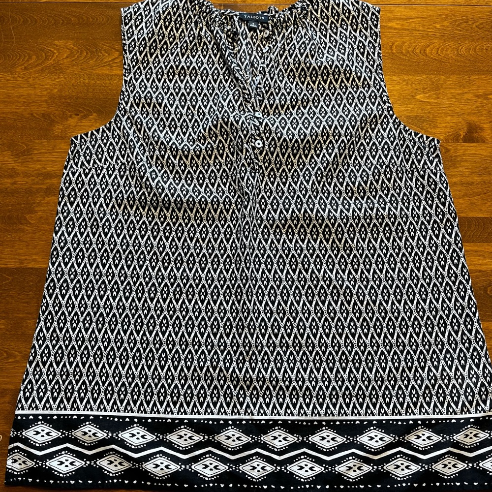 New Talbots Boho Print Split Neck with Button Detail Cotton Top Small